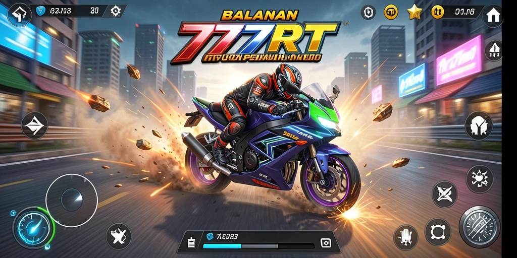 Screenshot 777RT yang menunjukkan aksi balap motor yang mendebarkan.