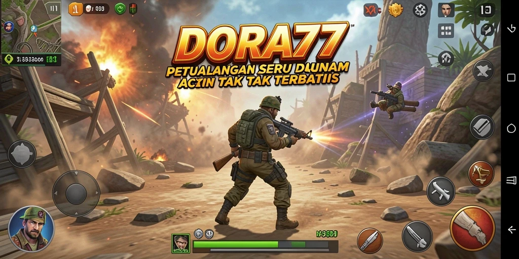 Tangkapan layar menunjukkan karakter dalam pertempuran menegangkan di DORA77.