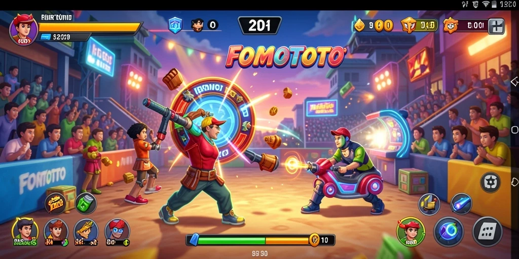 Tampilan gameplay FOMOTOTO yang penuh warna dan aksi seru.
