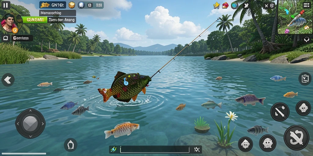 Tampilan gameplay GN168 dengan aksi memancing yang seru.