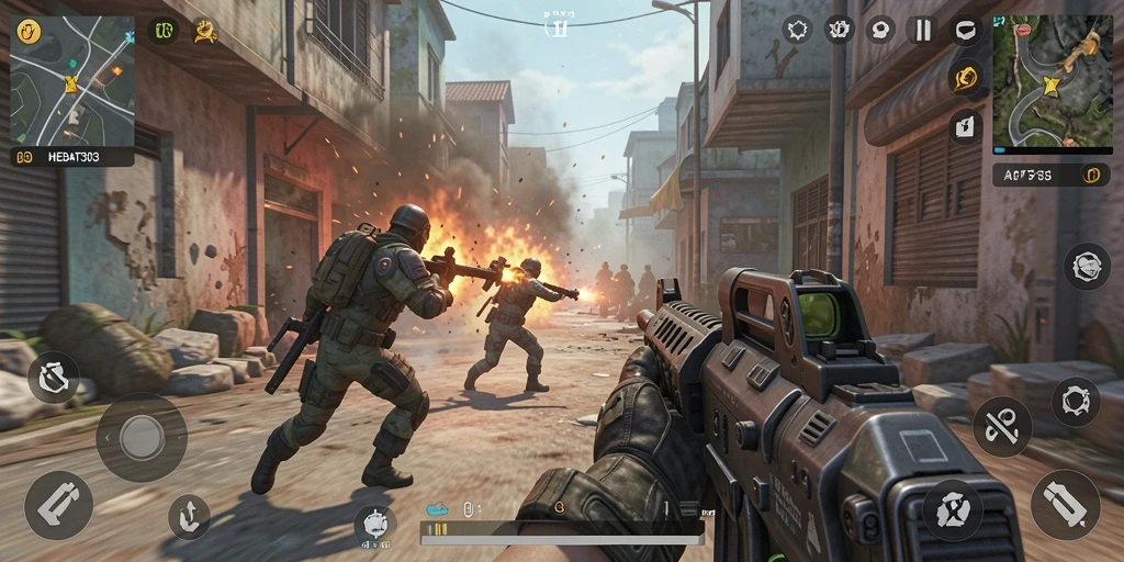 Tampilan utama gameplay HEBAT303 dengan aksi berlari dan menembak.