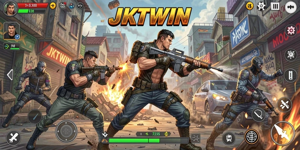 Screenshot gameplay JKTWIN menampilkan aksi pertempuran seru.