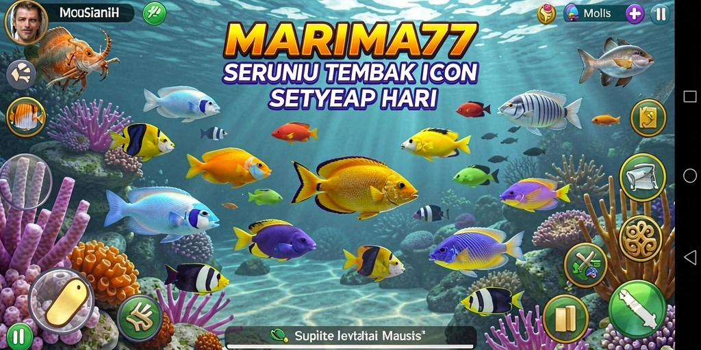 Tampilan gameplay <strong>MARIMA77</strong> saat menembak ikan dengan berbagai tantangan.
