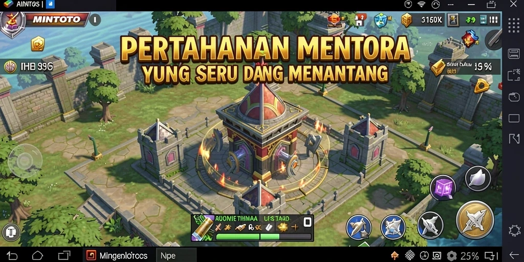 Screenshot gameplay MINTOTO dengan aksi menara pertahanan yang intens.
