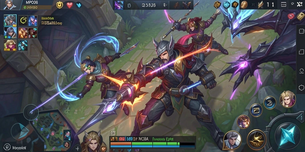 Screenshot gameplay MPO08 yang menunjukkan aksi seru pertarungan MOBA.