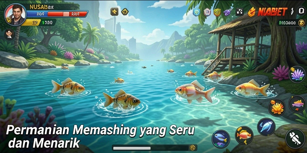 Screenshot utama NUSABET menampilkan gameplay seru saat menangkap ikan.