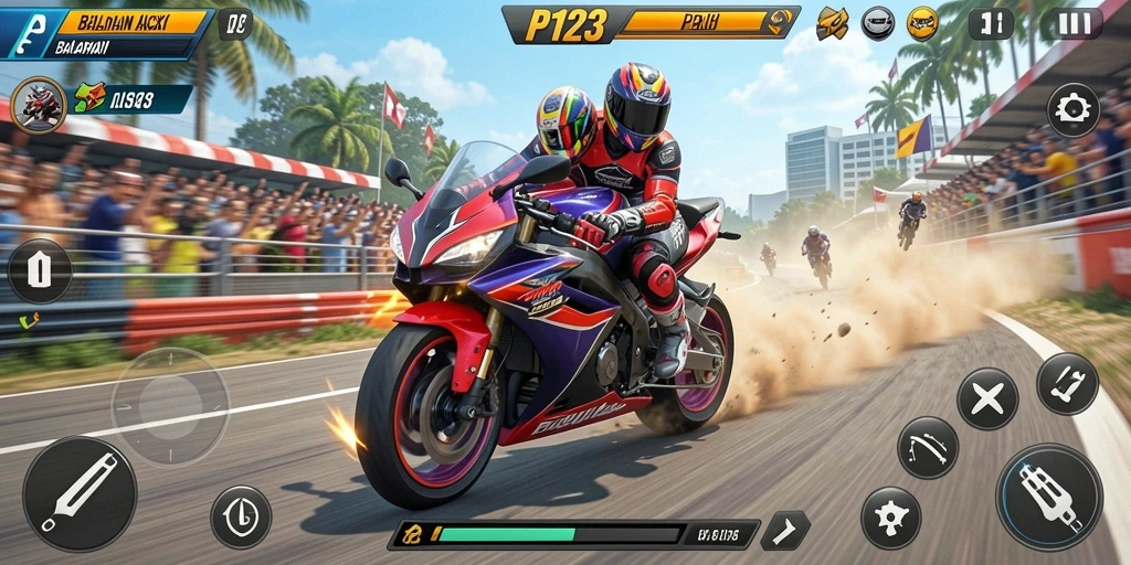 Screenshot gameplay PP123 menampilkan balapan motor yang penuh aksi.