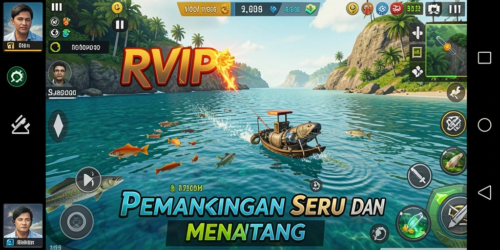 Tampilan gameplay RVIP saat memancing di lokasi indah.