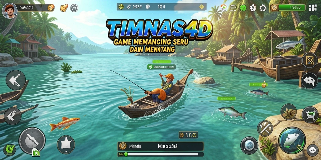Tampilan gameplay TIMNAS4D dengan berbagai ikan dan lokasi memancing.